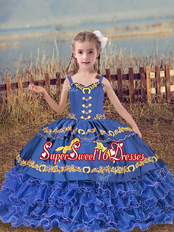  Beading and Embroidery and Ruffled Layers Kids Formal Wear Blue Lace Up Sleeveless Floor Length