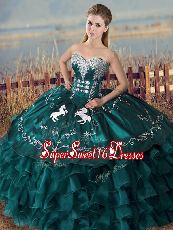 Spectacular Peacock Green Sweetheart Neckline Embroidery and Ruffles Quinceanera Dresses Sleeveless Lace Up