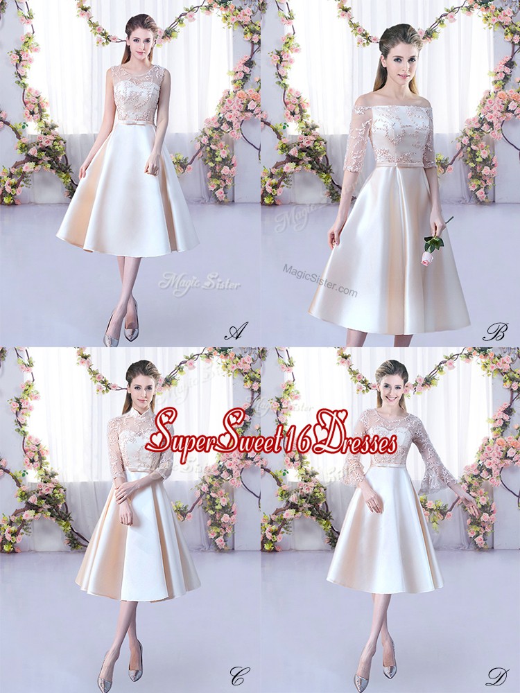 Elegant Tea Length Champagne Court Dresses for Sweet 16 Satin Sleeveless Lace and Belt