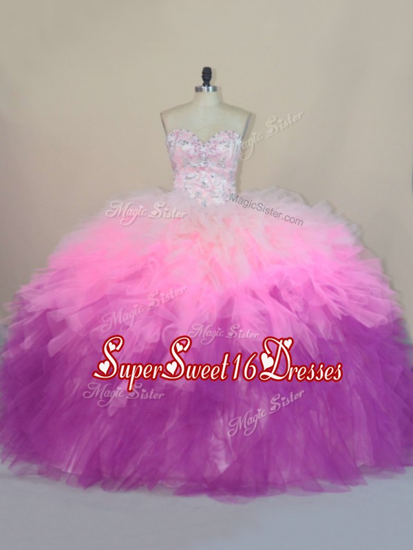  Sweetheart Sleeveless Tulle Ball Gown Prom Dress Beading and Ruffles Brush Train Lace Up