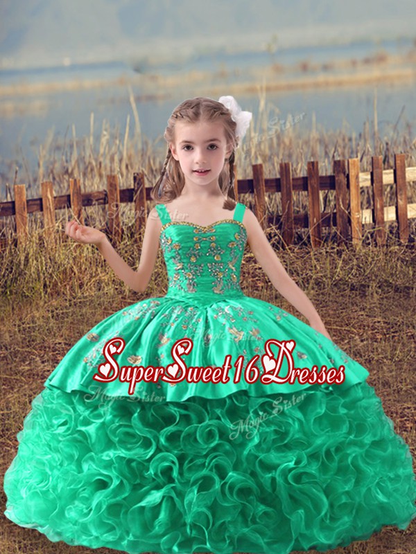 High Quality Turquoise Lace Up Pageant Dress Wholesale Embroidery Sleeveless Sweep Train