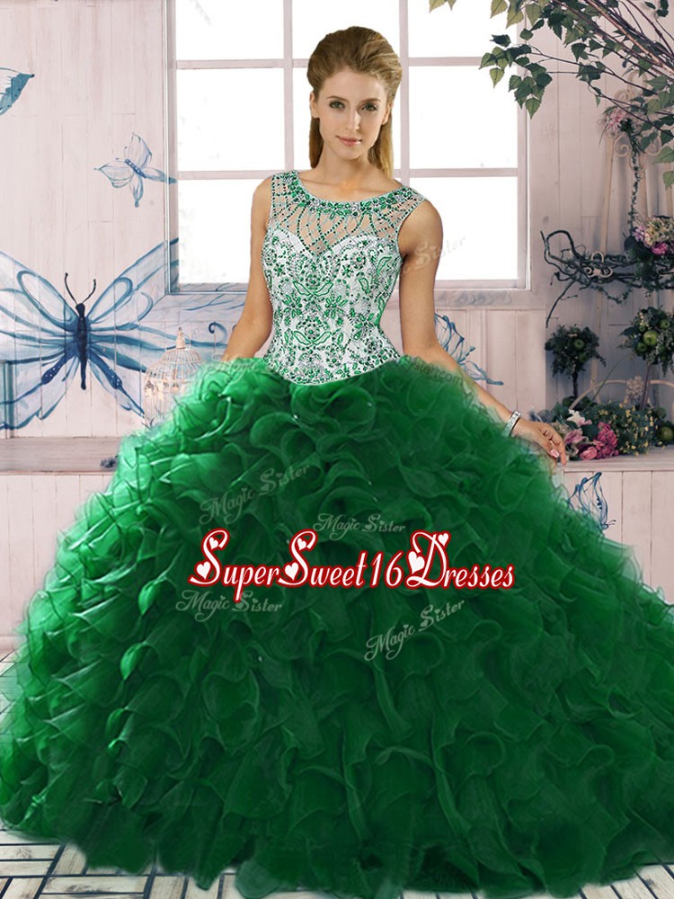 Inexpensive Floor Length Dark Green 15th Birthday Dress Scoop Sleeveless Lace Up