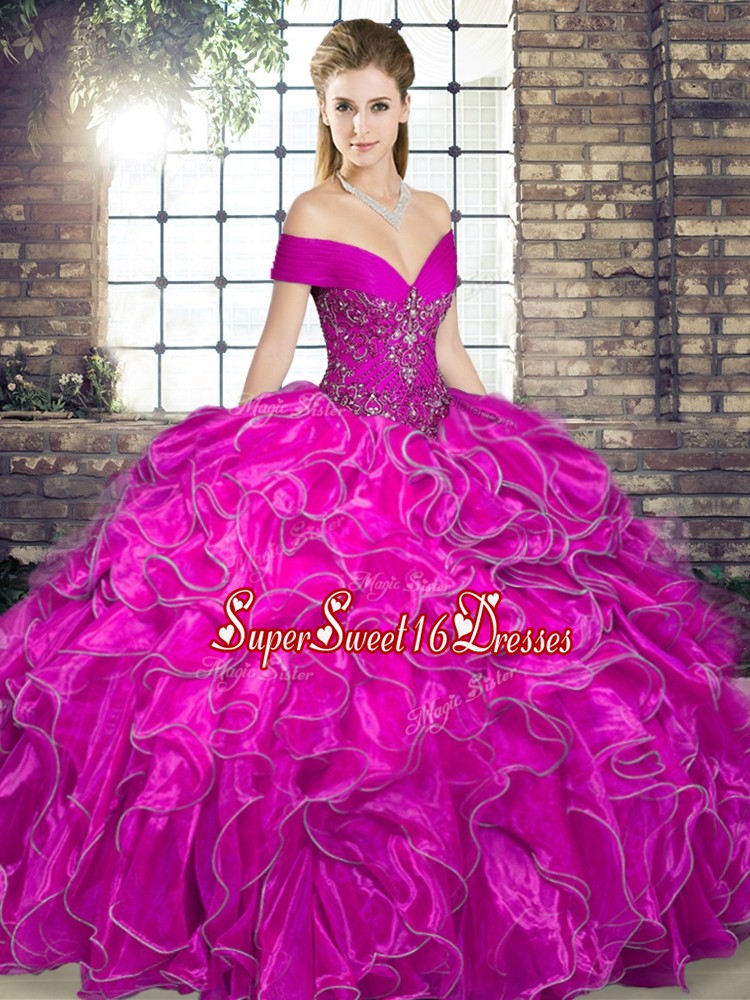 Glorious Fuchsia Ball Gowns Beading and Ruffles Quinceanera Dress Lace Up Organza Sleeveless Floor Length