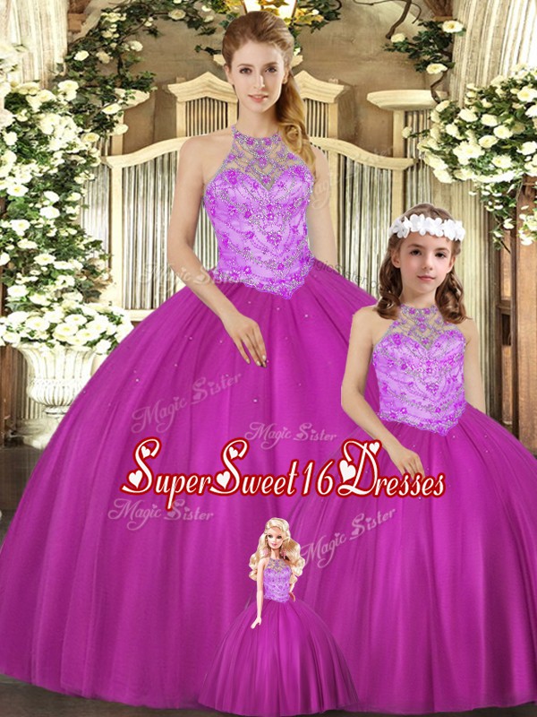 Custom Made Fuchsia Lace Up Sweet 16 Quinceanera Dress Beading Sleeveless Floor Length