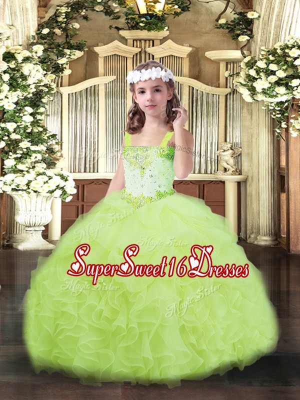  Yellow Green Organza Lace Up Child Pageant Dress Sleeveless Floor Length Beading and Ruffles and Pick Ups