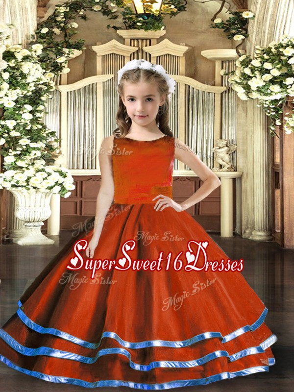 Affordable Rust Red Sleeveless Tulle Lace Up Child Pageant Dress for Party and Wedding Party