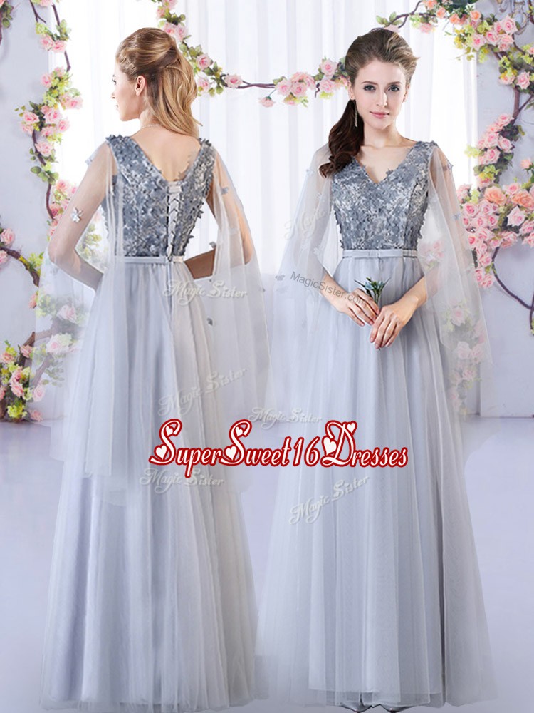 Luxury Floor Length Lace Up Court Dresses for Sweet 16 Grey for Wedding Party with Appliques