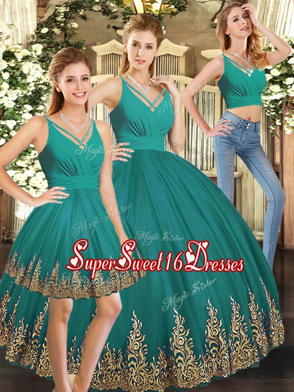  Floor Length Backless Quinceanera Dresses Turquoise for Sweet 16 and Quinceanera with Embroidery