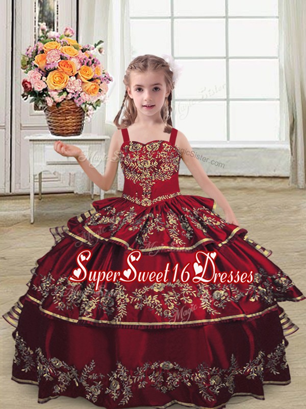 Burgundy Lace Up Little Girls Pageant Gowns Embroidery and Ruffled Layers Sleeveless Floor Length