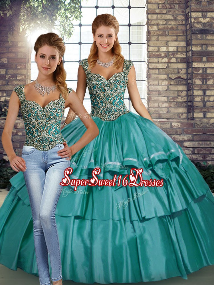 Modern Teal Straps Neckline Beading and Ruffled Layers Sweet 16 Quinceanera Dress Sleeveless Lace Up
