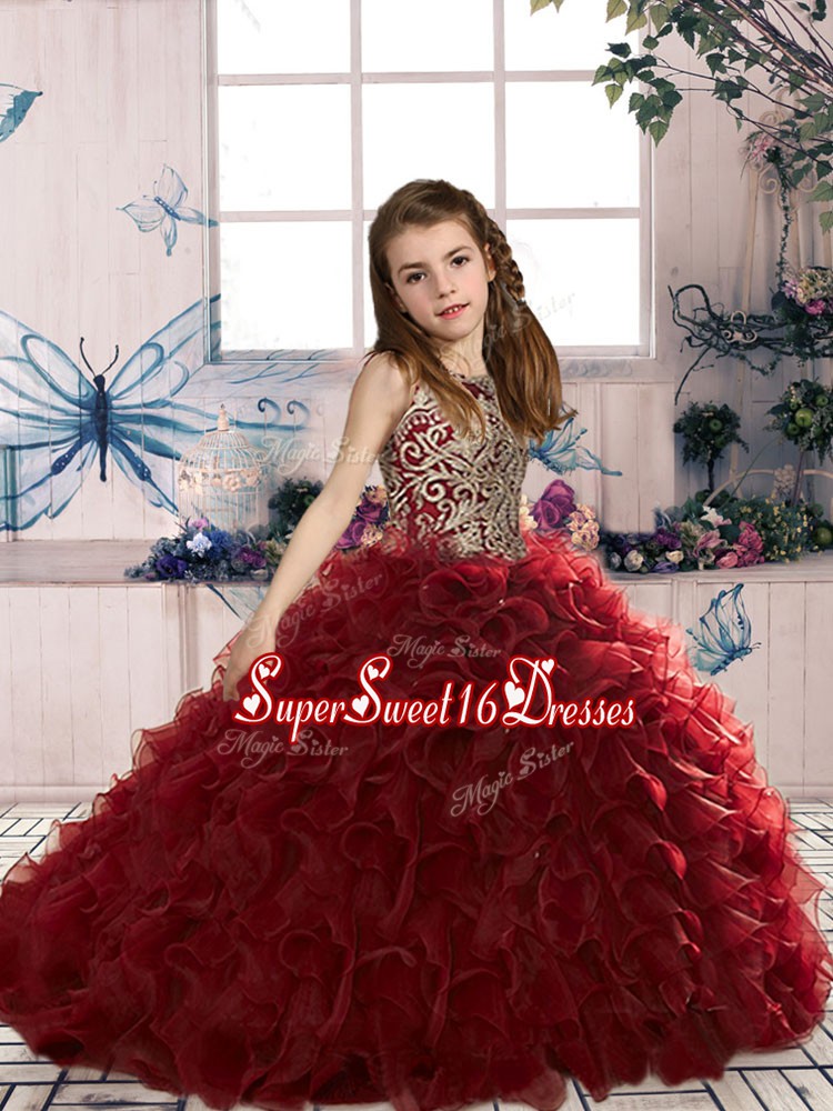  Wine Red Ball Gowns Beading and Ruffles Pageant Gowns For Girls Lace Up Organza Sleeveless Floor Length
