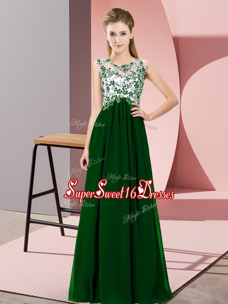 Dynamic Floor Length Zipper Quinceanera Court of Honor Dress Dark Green for Wedding Party with Beading and Appliques