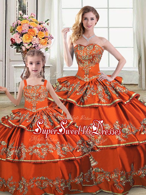 Stylish Orange Lace Up Sweet 16 Dress Embroidery and Ruffled Layers Sleeveless Floor Length