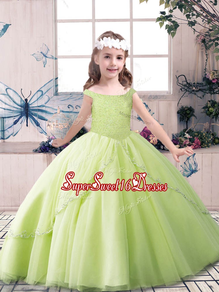 Dazzling Yellow Green and Pink And White Lace Up Girls Pageant Dresses Beading Sleeveless Floor Length