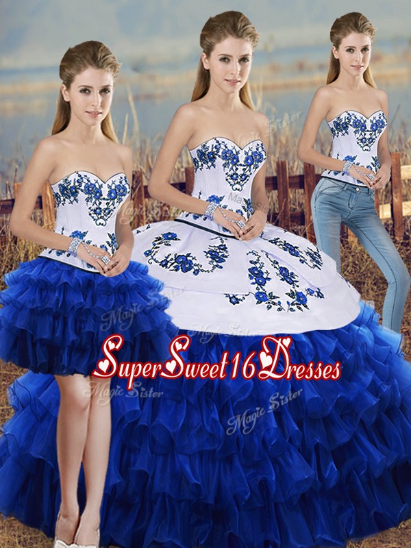  Royal Blue Sleeveless Embroidery and Ruffled Layers and Bowknot Floor Length Quinceanera Dress