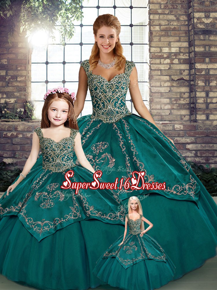  Beading and Embroidery 15 Quinceanera Dress Teal Lace Up Sleeveless Floor Length