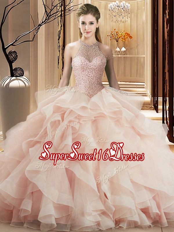 Great Beading and Ruffles Quinceanera Gowns Pink Lace Up Sleeveless Brush Train