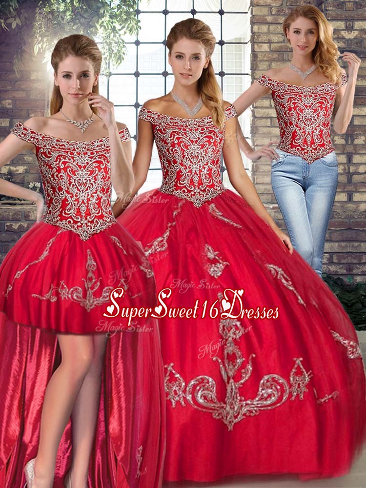 Shining Red Sleeveless Beading and Embroidery Floor Length Teens Party Dress