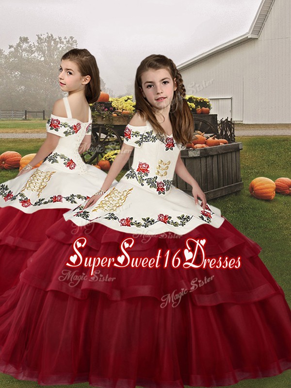  Ball Gowns Little Girl Pageant Gowns Wine Red Straps Tulle Sleeveless Floor Length Lace Up