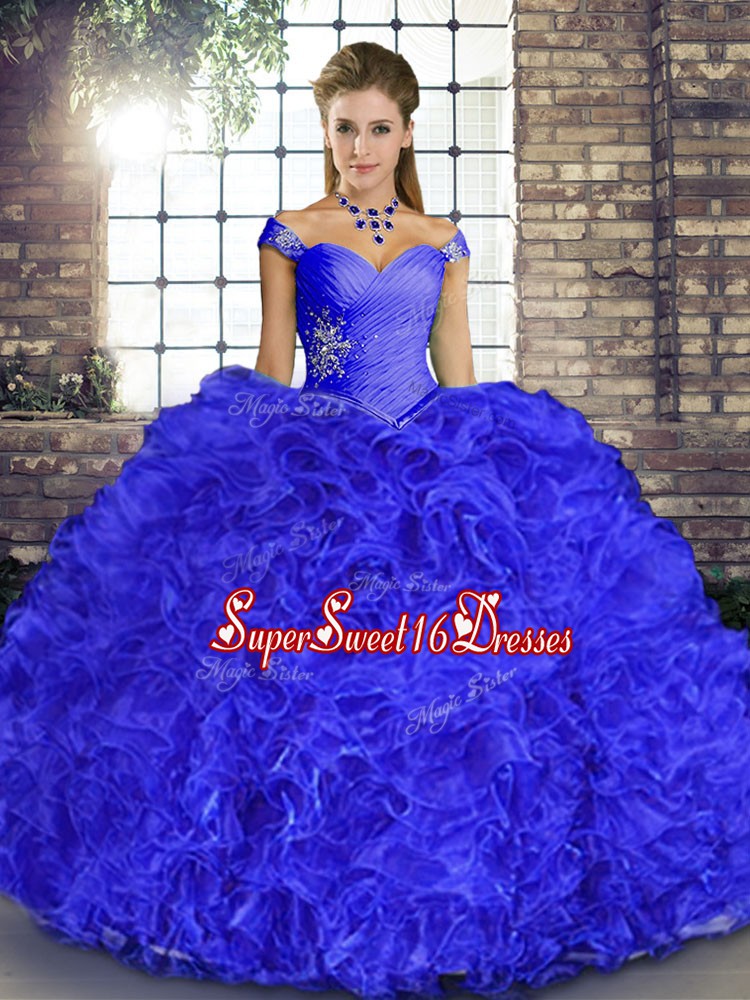  Floor Length Lace Up Sweet 16 Dress Royal Blue for Military Ball and Sweet 16 and Quinceanera with Beading and Ruffles