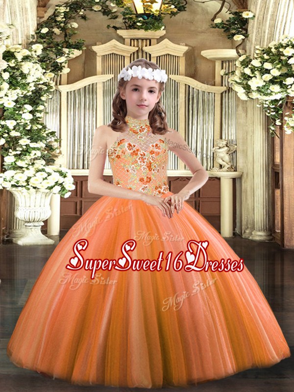  Orange Tulle Lace Up Glitz Pageant Dress Sleeveless Floor Length Appliques