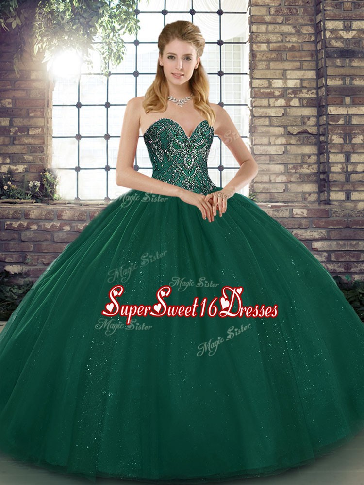 Most Popular Sleeveless Floor Length Beading Lace Up Quinceanera Gown with Peacock Green