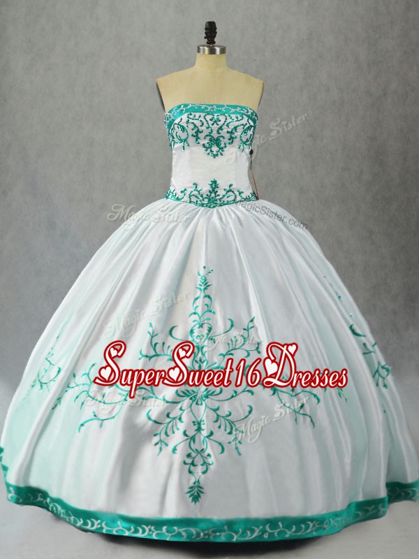  Strapless Sleeveless Party Dress for Toddlers Floor Length Embroidery White Satin