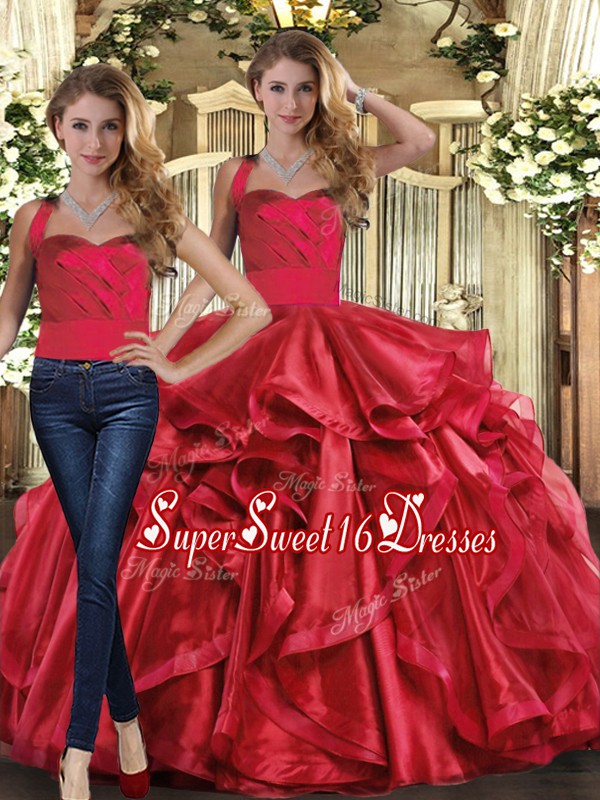 Modest Red Halter Top Lace Up Ruffles Quinceanera Gown Sleeveless