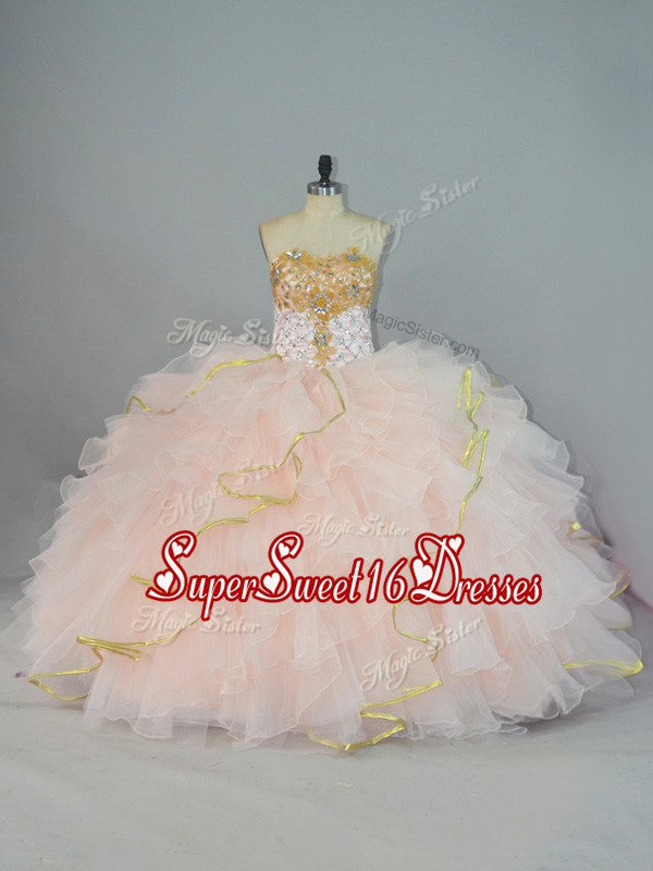 Artistic Peach Organza Lace Up Quinceanera Dresses Sleeveless Floor Length Beading and Ruffles