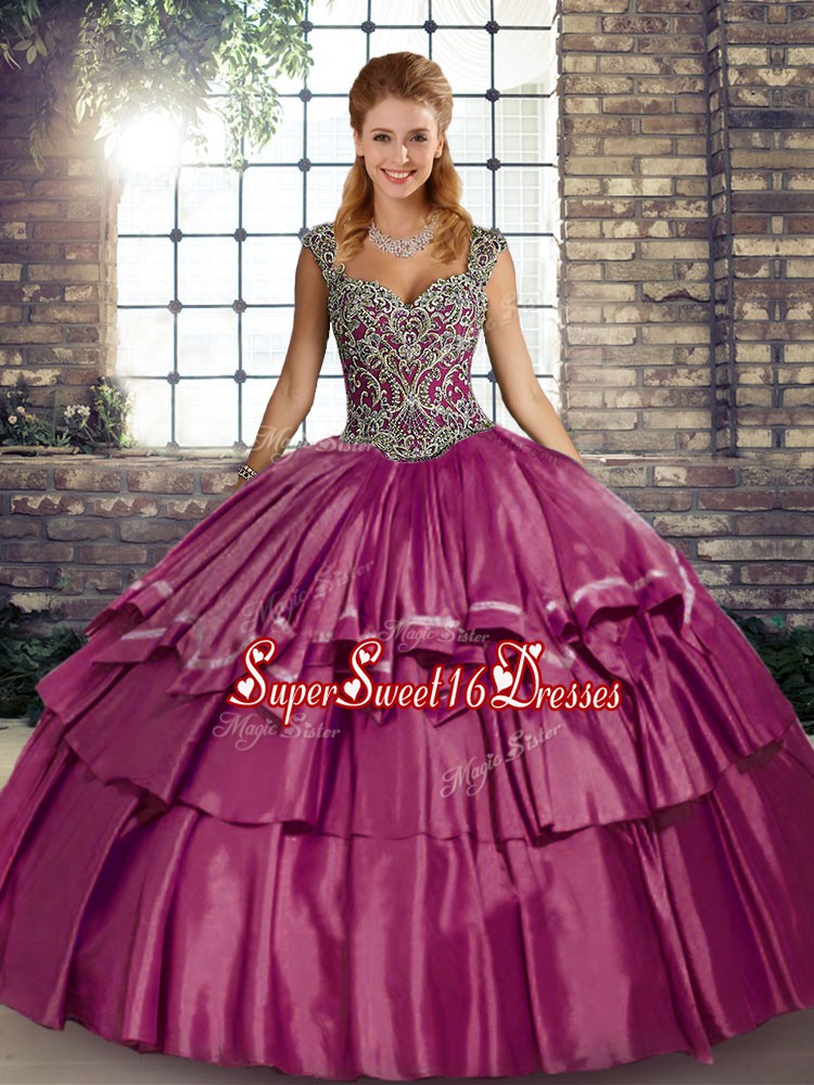  Straps Sleeveless 15th Birthday Dress Floor Length Beading and Ruffled Layers Fuchsia Taffeta