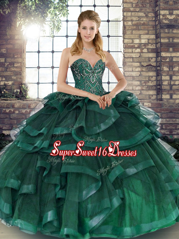Custom Made Peacock Green Lace Up Sweetheart Beading and Ruffles 15th Birthday Dress Tulle Sleeveless