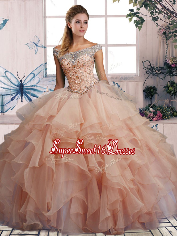 Enchanting Sleeveless Organza Floor Length Lace Up Quinceanera Gowns in Pink with Beading and Ruffles