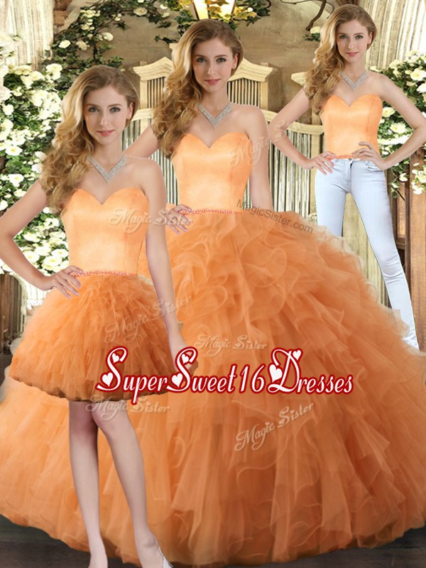 Orange Sweetheart Neckline Ruffles Quince Ball Gowns Sleeveless Lace Up