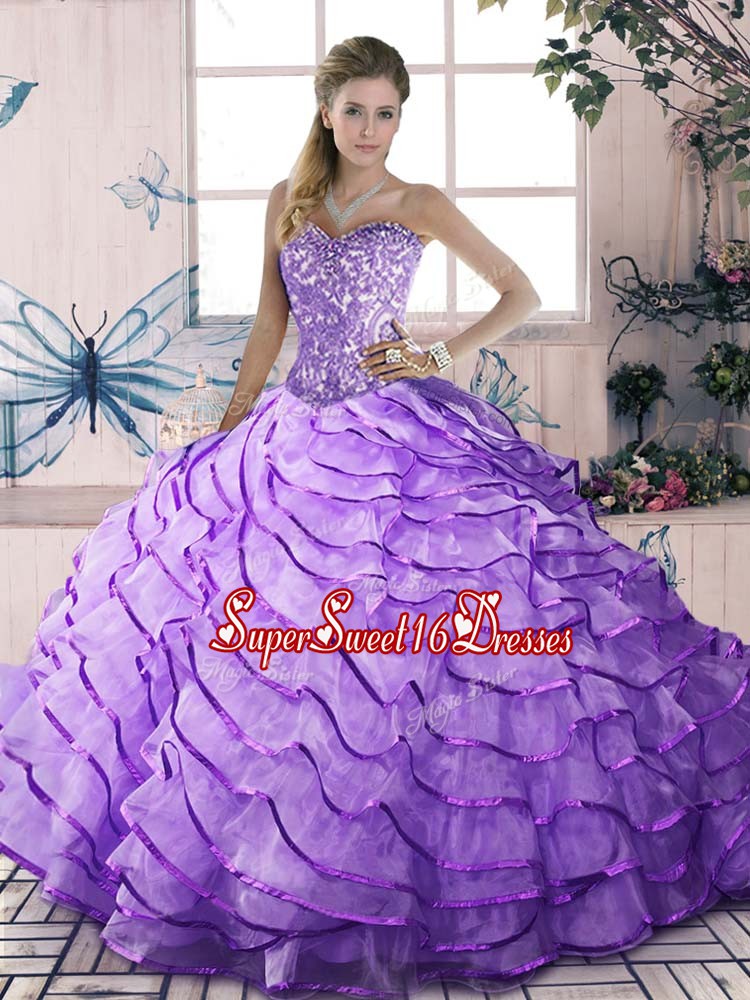 Simple Floor Length Lavender Quinceanera Gown Organza Sleeveless Beading and Ruffled Layers