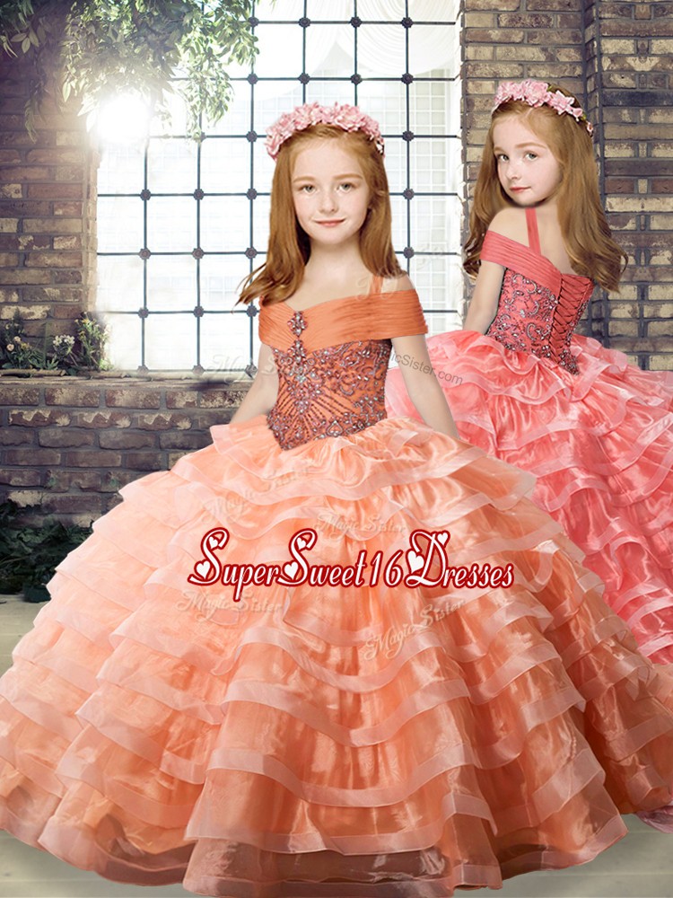  Organza Long Sleeves Girls Pageant Dresses Brush Train and Beading and Ruffled Layers