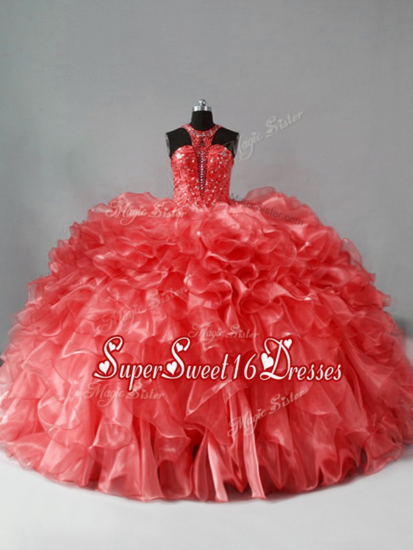 Stunning Coral Red Ball Gowns Beading and Ruffles 15th Birthday Dress Zipper Organza Sleeveless
