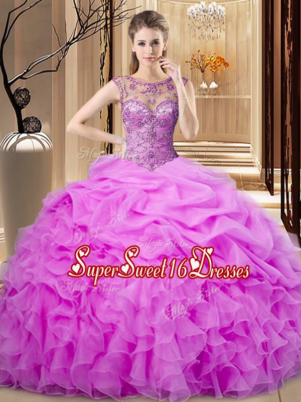  Lilac Lace Up Juniors Party Dress Beading and Pick Ups Sleeveless Floor Length