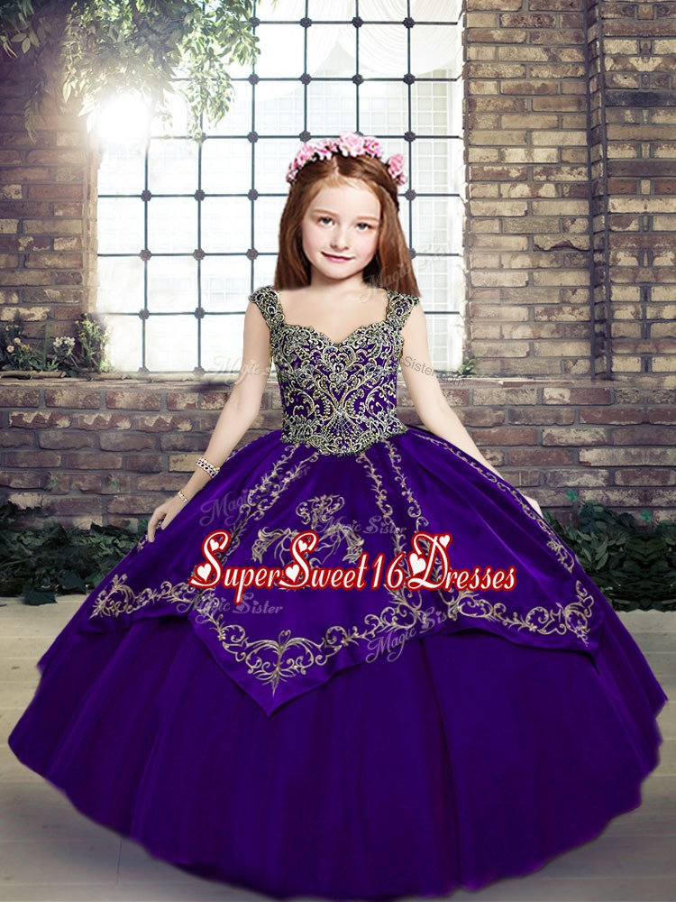  Purple Kids Formal Wear Party and Military Ball and Wedding Party with Embroidery Straps Sleeveless Lace Up