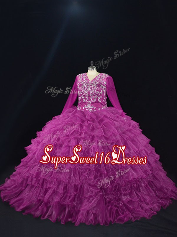 Suitable Purple Organza Lace Up Sweet 16 Dresses Long Sleeves Floor Length Beading and Ruffled Layers