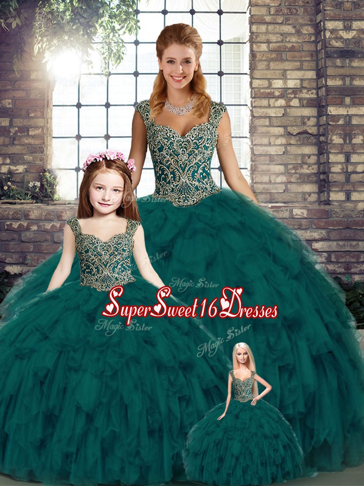 Fantastic Peacock Green Sleeveless Floor Length Beading and Ruffles Lace Up Quinceanera Gowns