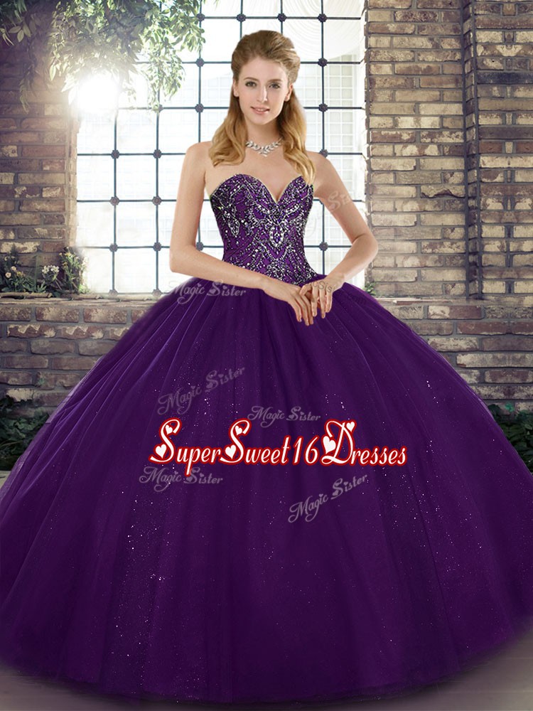 Pretty Tulle Sweetheart Sleeveless Lace Up Beading Quince Ball Gowns in Purple