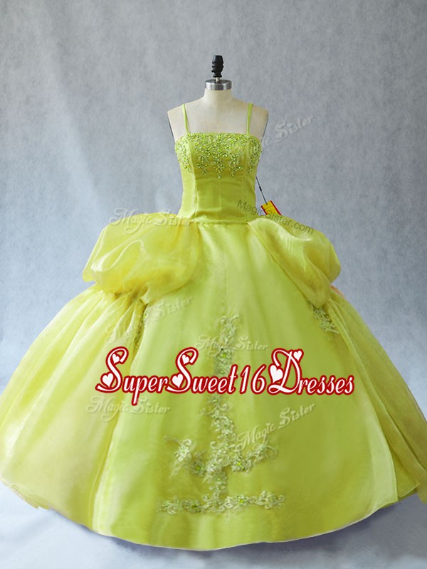  Yellow Green Sleeveless Organza Lace Up Quince Ball Gowns for Sweet 16 and Quinceanera