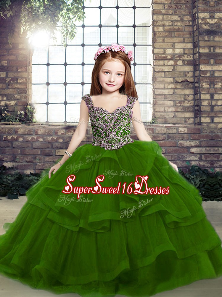 Enchanting Green Tulle Lace Up Straps Sleeveless Floor Length Child Pageant Dress Beading and Ruffles