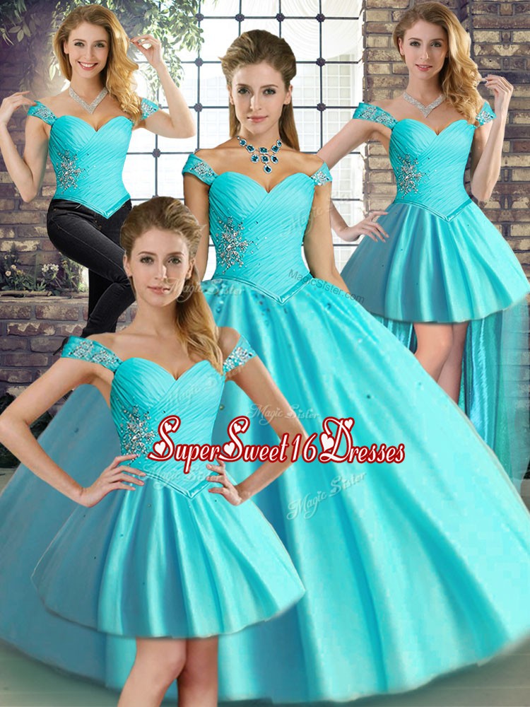 Fantastic Aqua Blue Sleeveless Tulle Lace Up Sweet 16 Dresses for Military Ball and Sweet 16 and Quinceanera