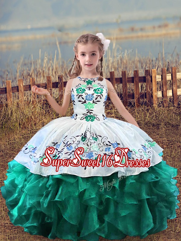 New Arrival Embroidery and Ruffles Winning Pageant Gowns Turquoise Lace Up Sleeveless Floor Length