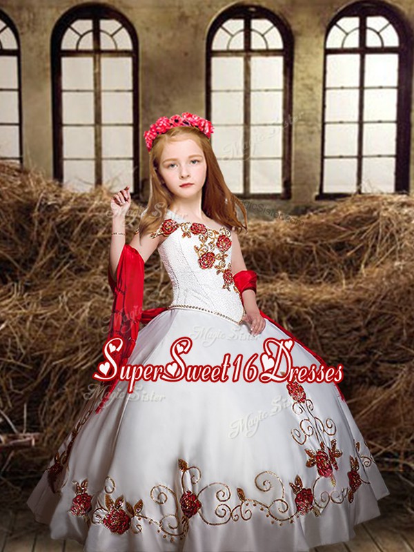  Satin Sleeveless Floor Length Kids Formal Wear and Embroidery