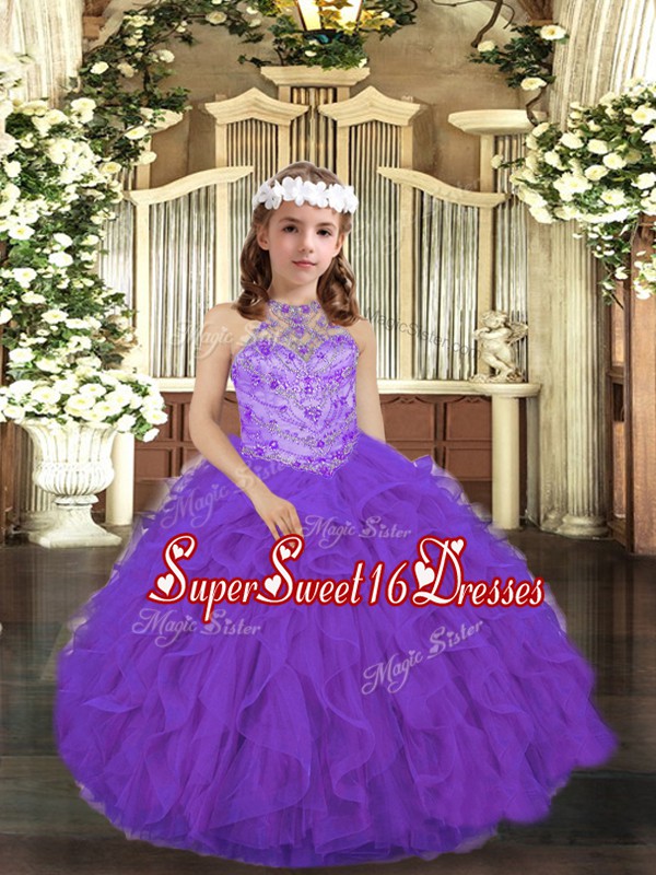 Pretty Purple Ball Gowns Scoop Sleeveless Tulle Floor Length Lace Up Beading and Ruffles Pageant Dress