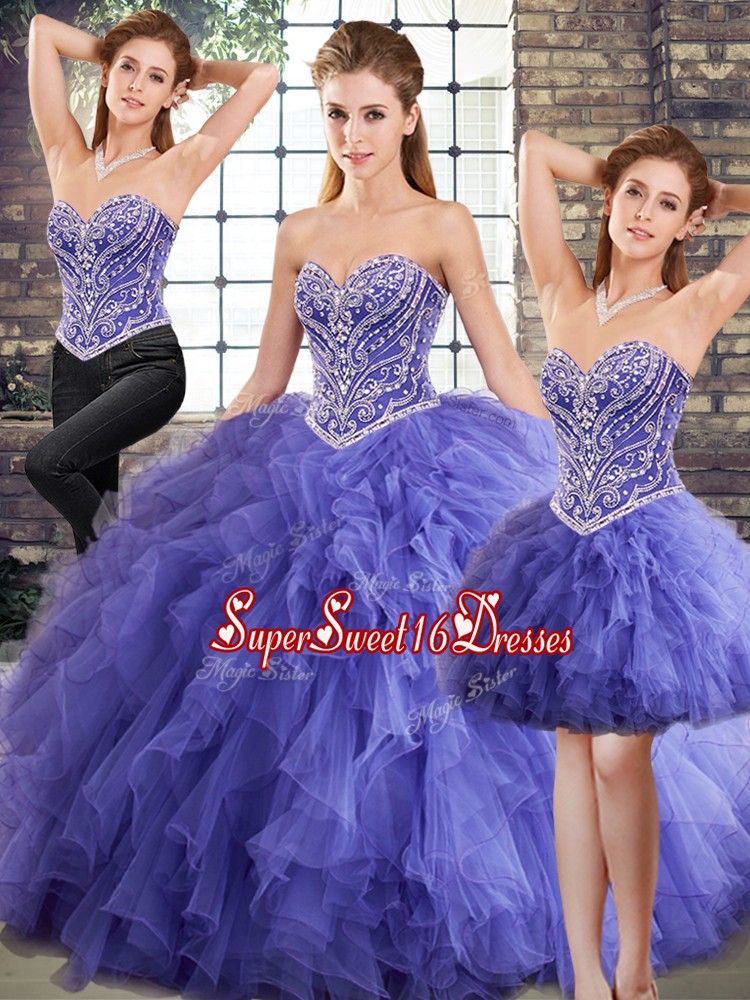 Floor Length Lavender Quinceanera Gowns Tulle Sleeveless Beading and Ruffles