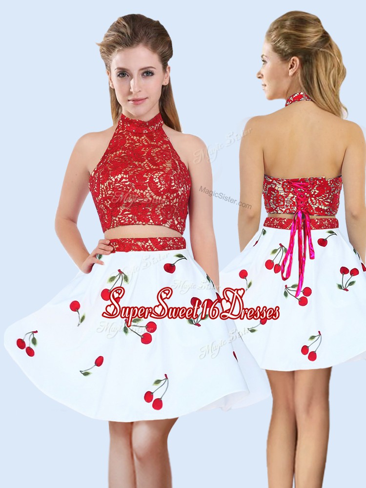  White And Red Lace Up Halter Top Lace and Pattern Vestidos de Damas Satin Sleeveless