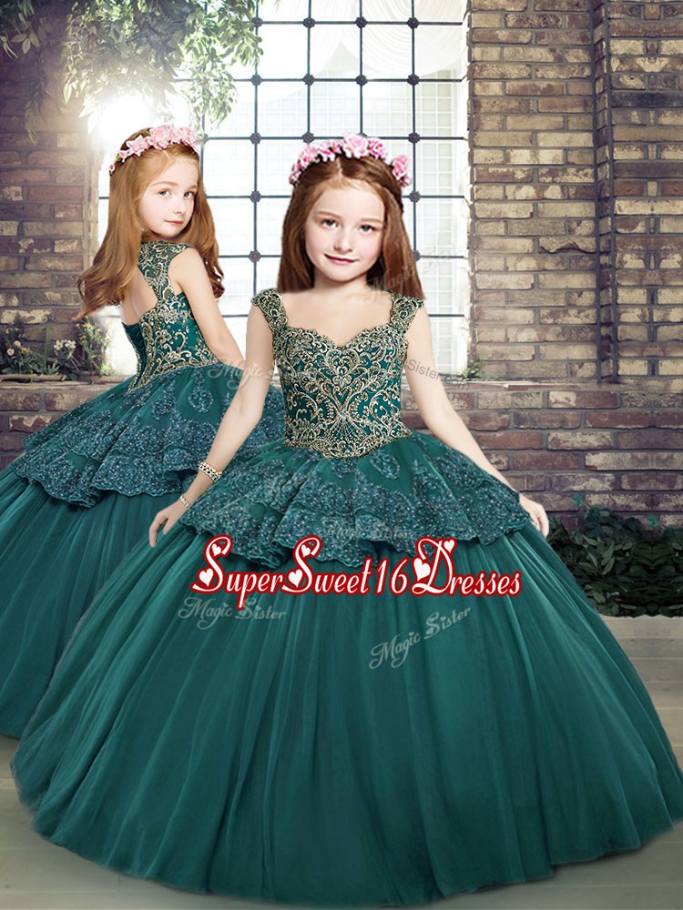  Teal Sleeveless Floor Length Beading and Appliques Side Zipper Girls Pageant Dresses